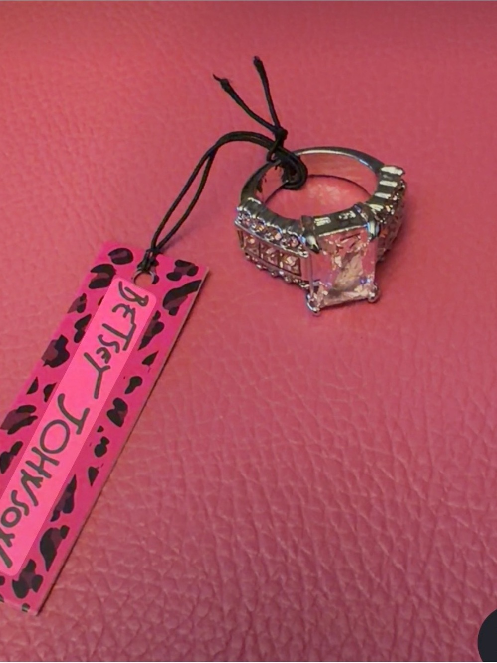 Betsey Johnson Silver-Tone Light Pink Crystal Cocktail Ring